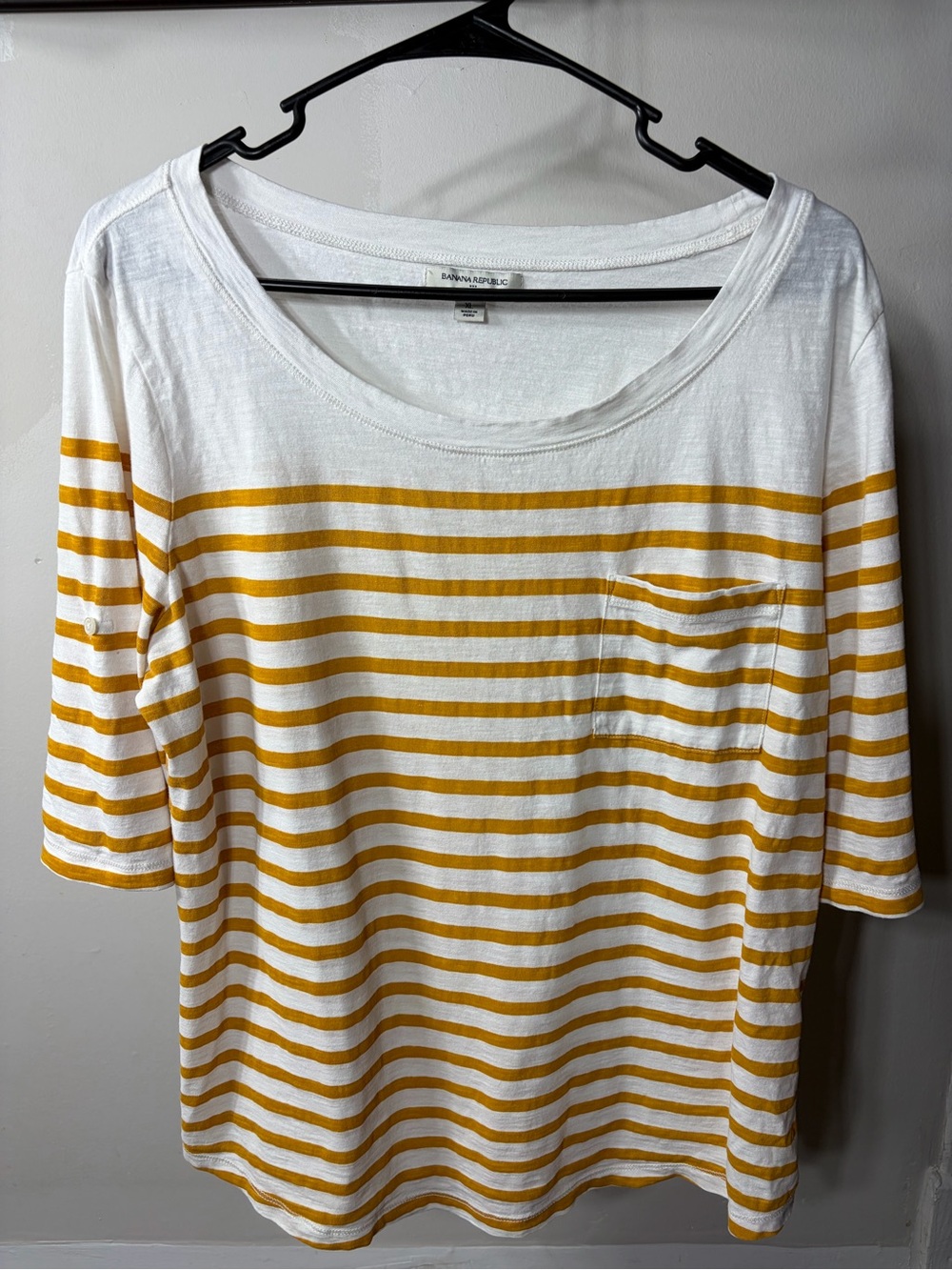 Banana Republic White and Yellow Striped Scoop-Neck Top Pocket Tee 3/4 Sleeve